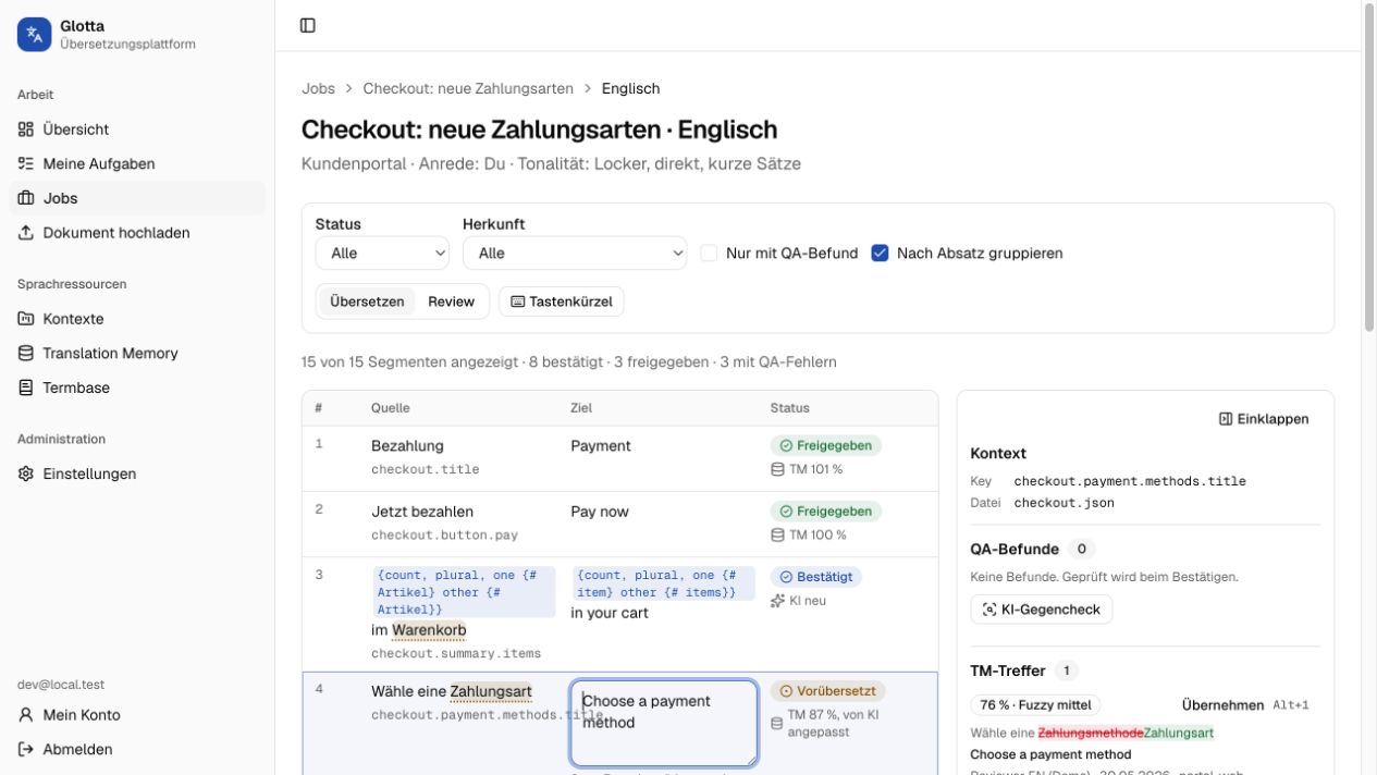 Glotta Segmenteditor mit Quelle, Übersetzung, Terminologie und QA-Hinweisen