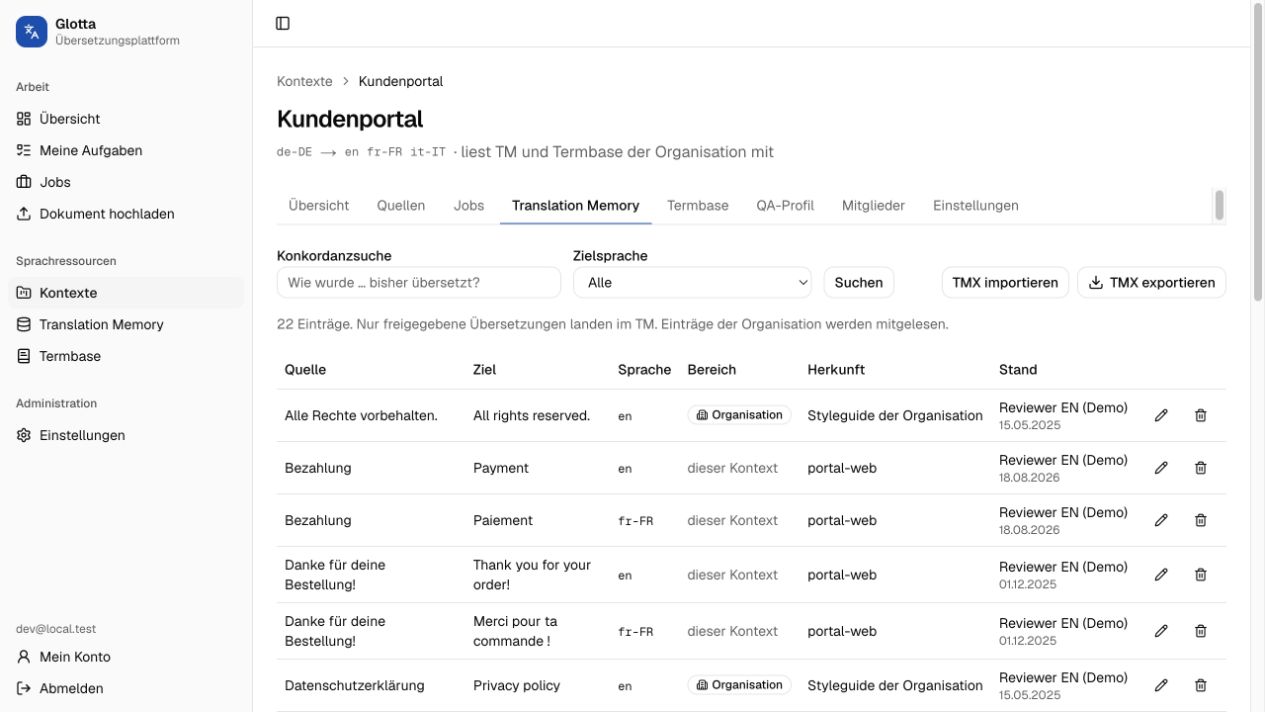 Translation Memory in Glotta mit Import und Export