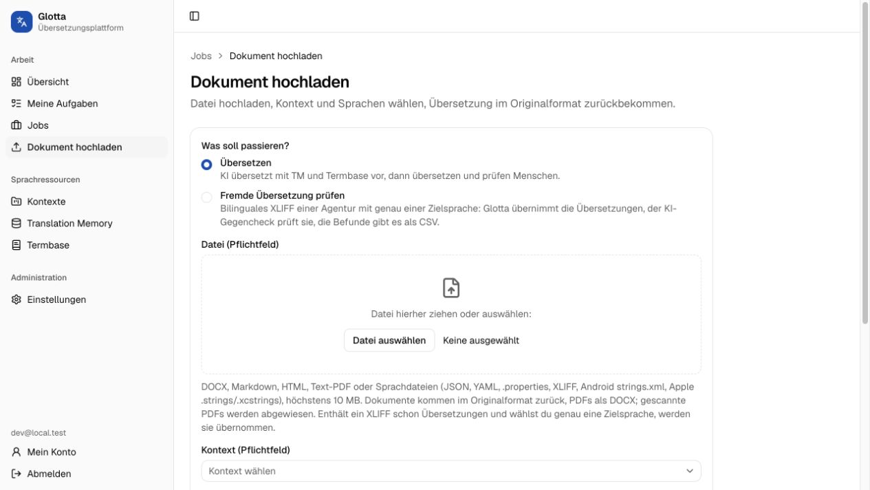Dokumentupload in Glotta mit unterstützten Dateiformaten