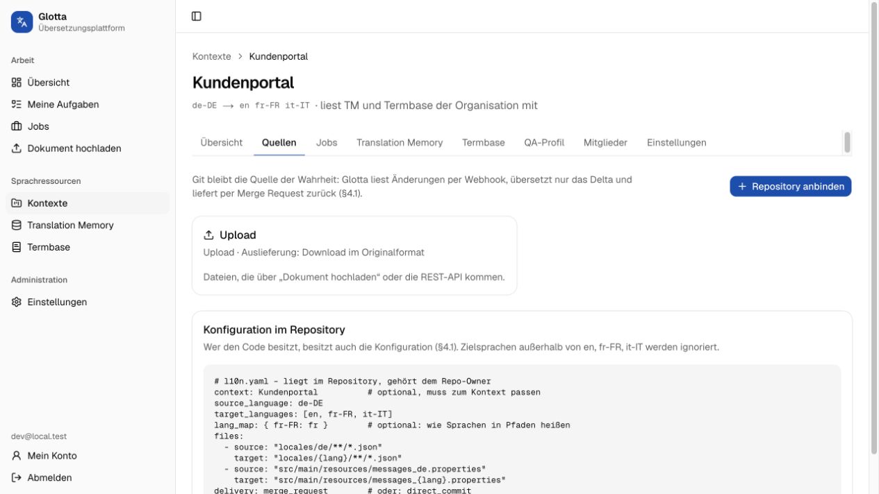 Repository-Verbindungen für GitHub und GitLab in Glotta