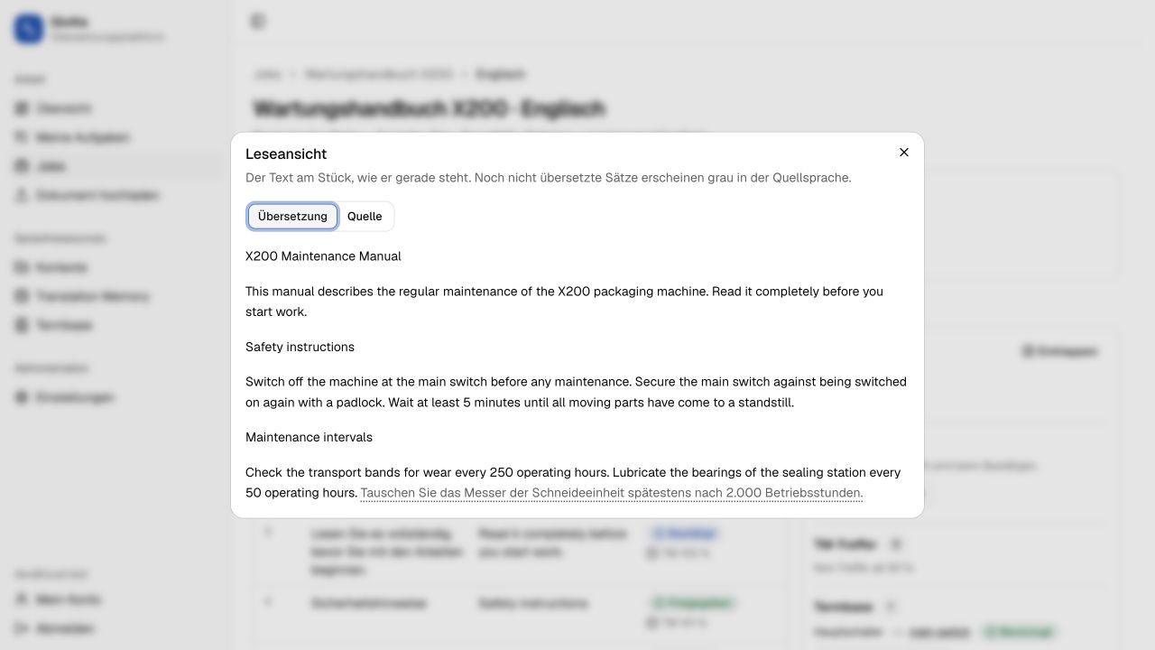 Glotta Leseansicht eines übersetzten Wartungshandbuchs
